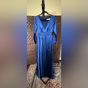 New FOR MAC DUGGAL Navy Long Sleeve Ruched Waist A-Line Gown – 55245 – Size 8